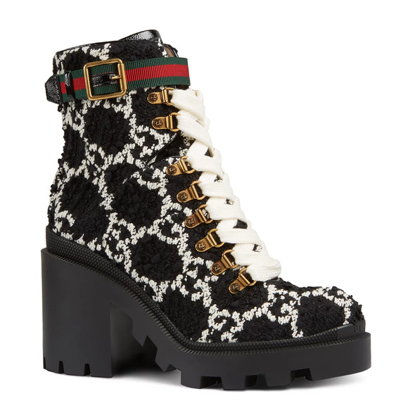 Gucci Black White GG Logo Tweed Lace Up Tie Block Heel Lug Sole Combat Boot 36.5 - Picture 3 of 16